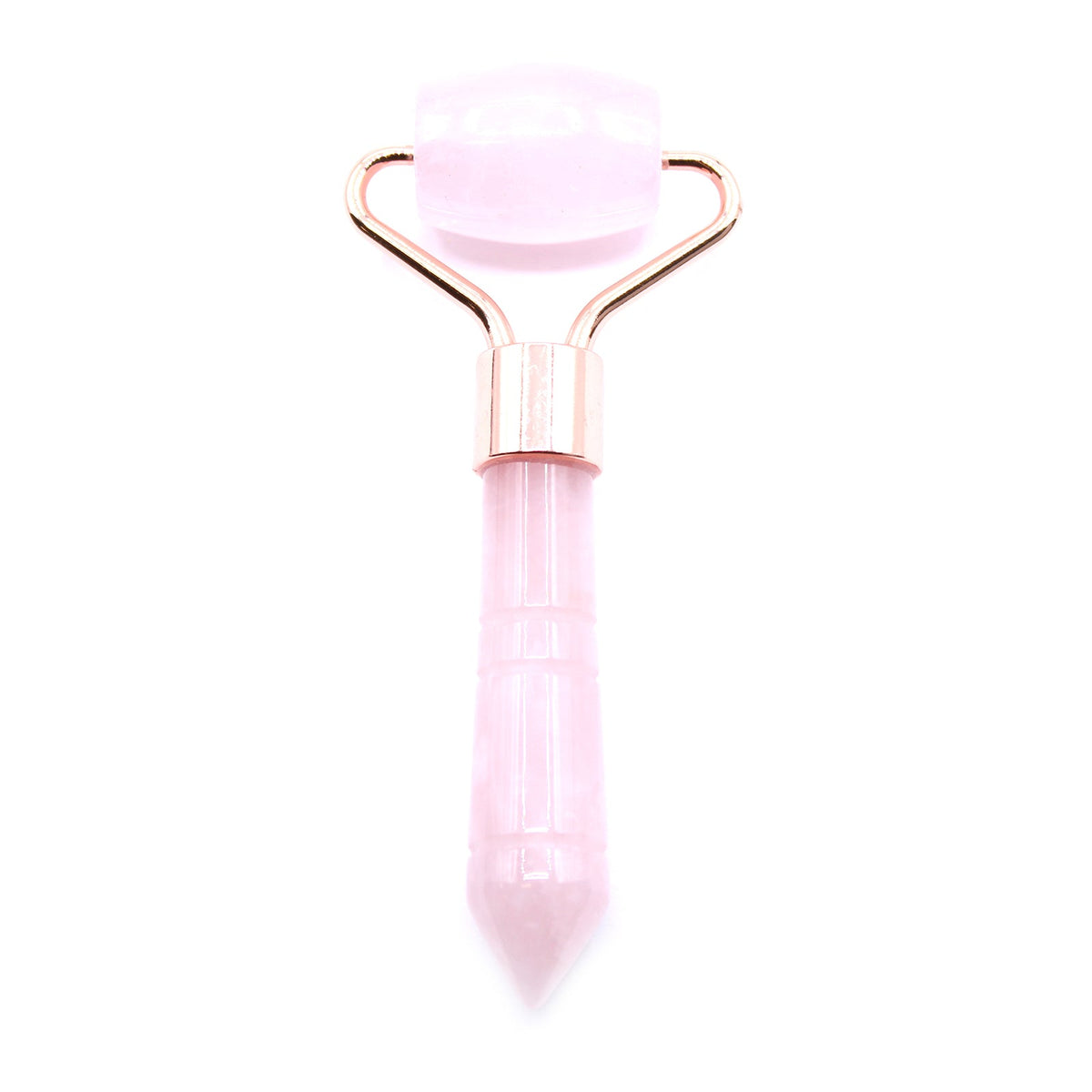 Gemstone Mini Face Roller - Rose Quartz with a pale pink roller, rose-coloured frame and faceted pointed pink handle by Quintessential Holistic Health Ltd