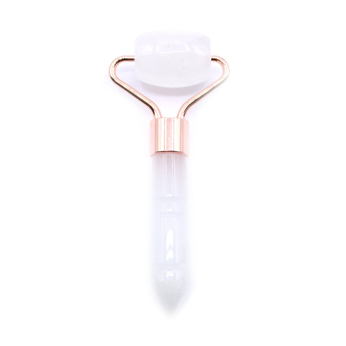 Gemstone Mini Face Roller - Rock Quartz with a translucent white roller, rose-coloured frame and pale pointed handle by Quintessential Holistic Health Ltd