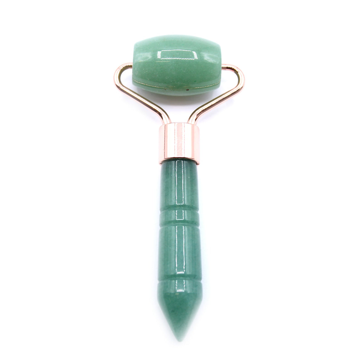 Gemstone Mini Face Roller - Jade with a green roller, rose-coloured frame and faceted pointed green handle by Quintessential Holistic Health Ltd