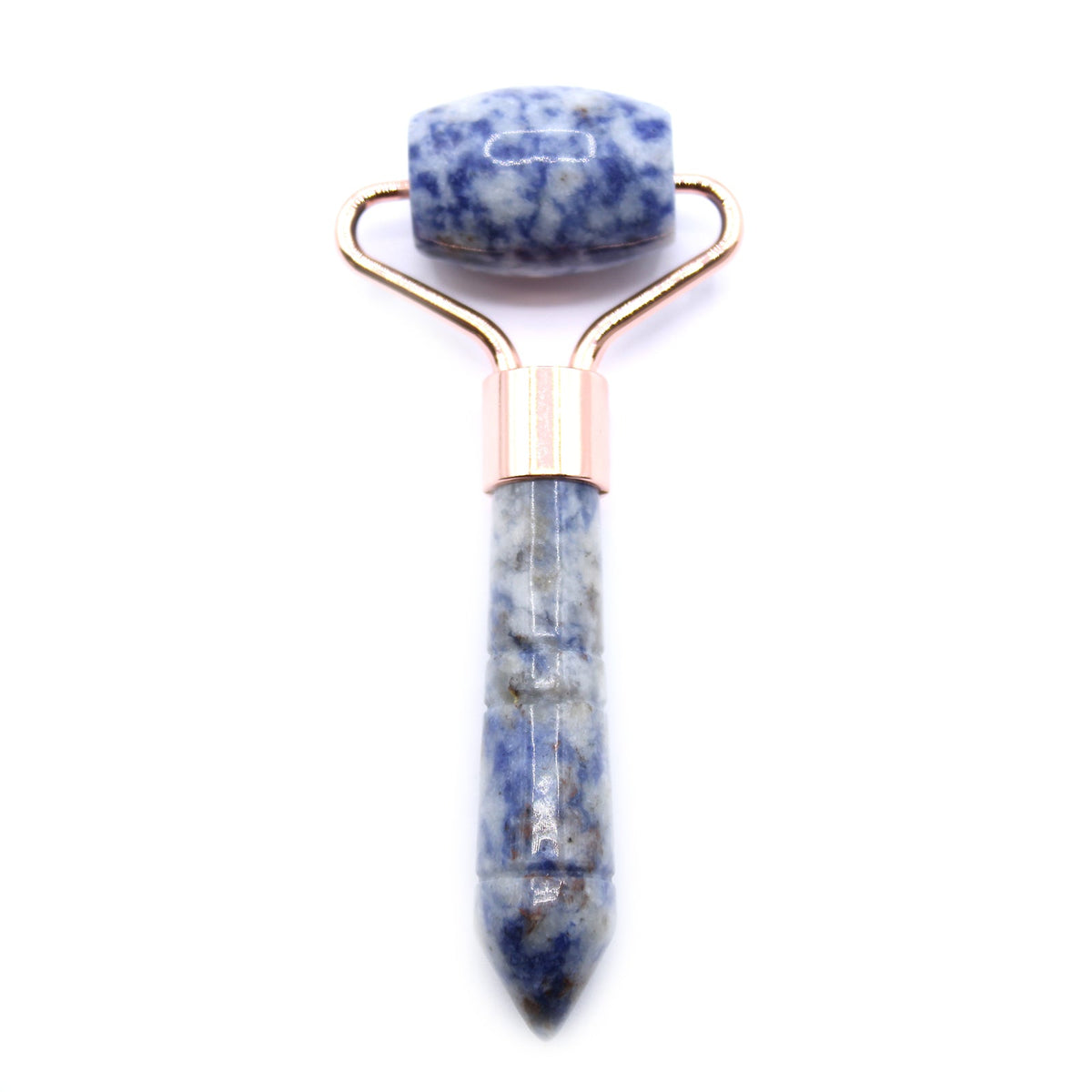 Gemstone Mini Face Roller - Sodalite with a blue mottled cylindrical roller, rose-gold frame and pointed blue handle by Quintessential Holistic Health Ltd