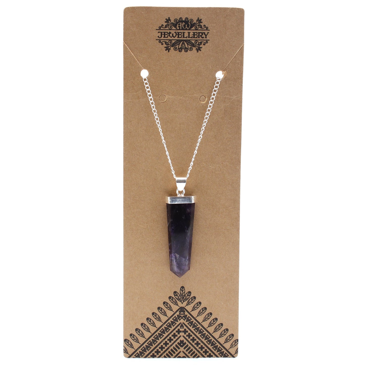 Gemstone Flat Pencil Pendant Necklace - Amethyst product packaging on clean background from Quintessential Holistic Health Ltd