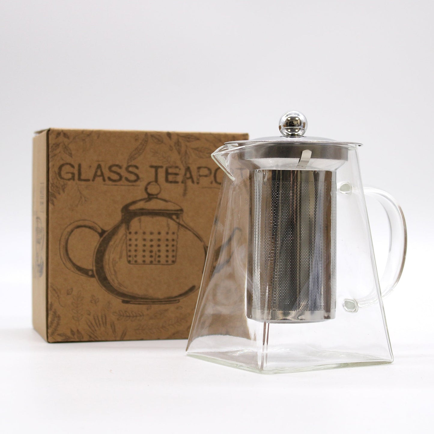 Tower-Shaped Glass Infuser Teapot - 750ml shown empty with its metal infuser beside a printed carton, by Quintessential Holistic Health Ltd