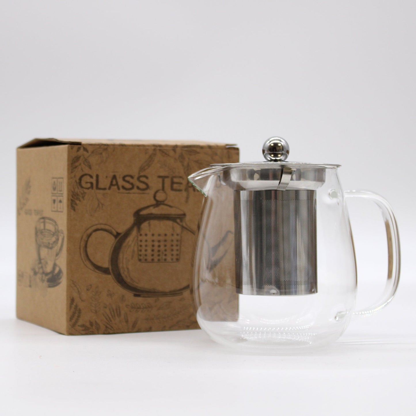 Contemporary Glass Infuser Teapot - 550ml with a metal infuser displayed beside a brown printed product box by Quintessential Holistic Health Ltd