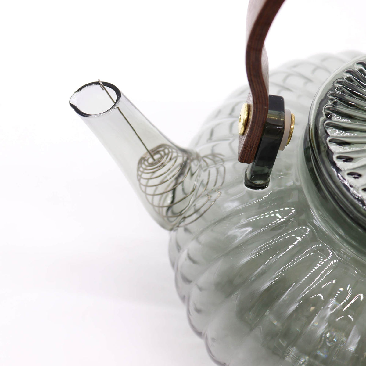 Charcoal Ribbed Pearl Glass Infuser Teapot – 950ml, close-up of the clear angled spout, ribbed body and dark handle fitting, by Quintessential Holistic Health Ltd