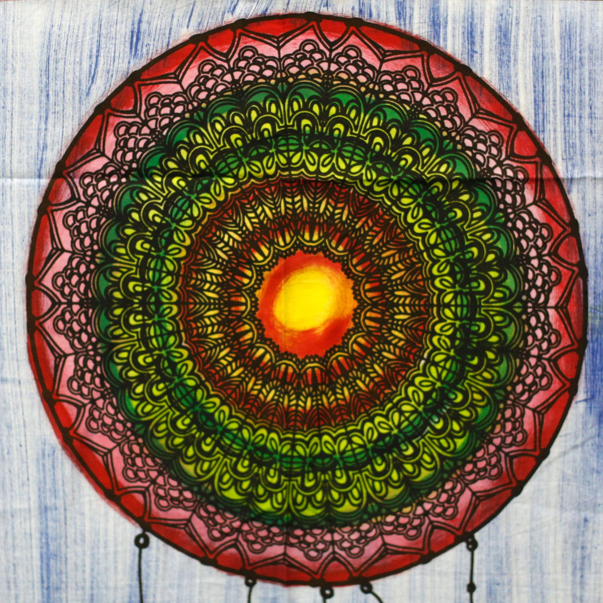 Hand-Brushed Cotton Wall Art - Dreamcatcher, close view of the layered green, red and yellow circular design, by Quintessential Holistic Health Ltd