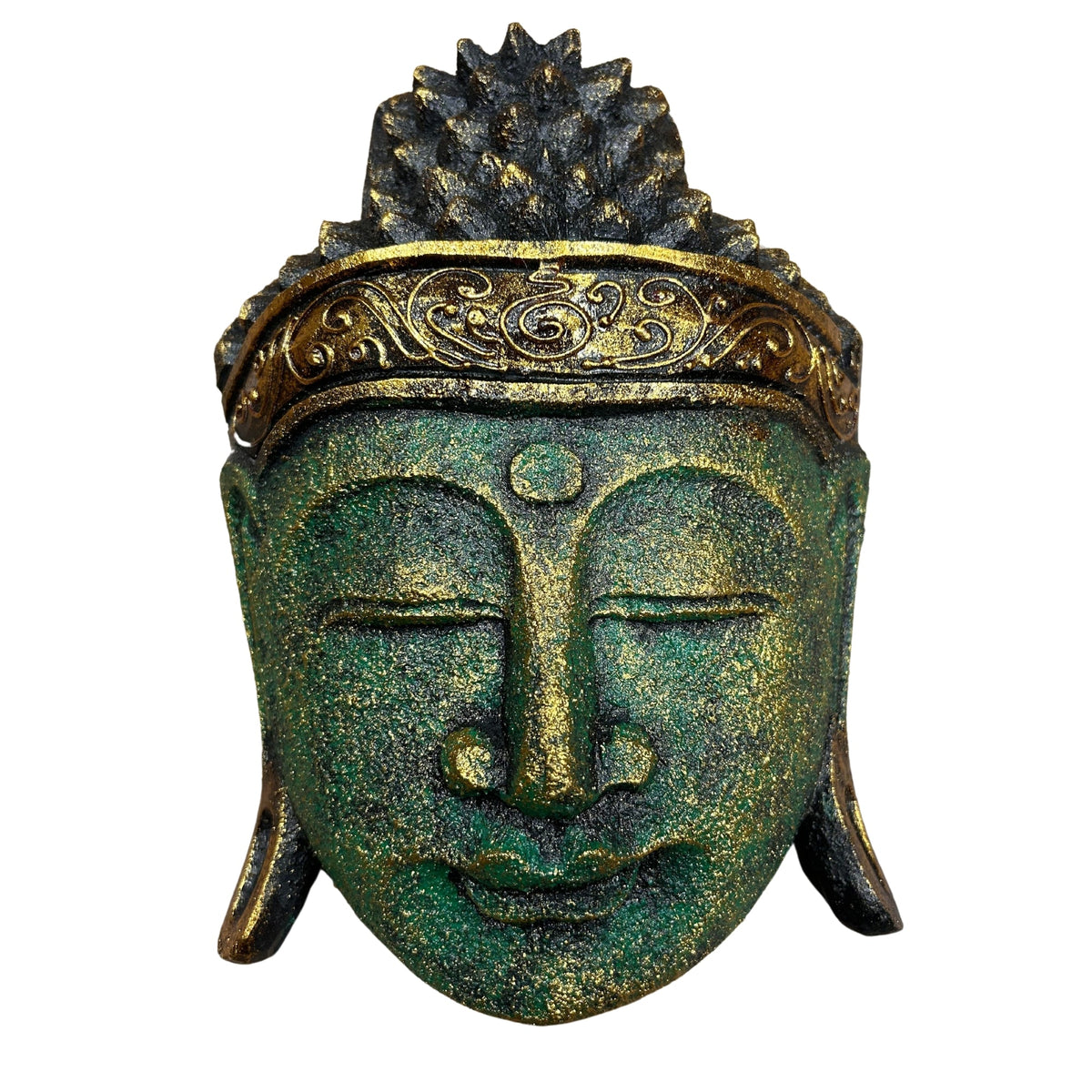Hand-Carved Albasia Wood Buddha Head - Green and Gold, deep green face with closed eyes, dark curls and a gold headdress by Quintessential Holistic Health Ltd