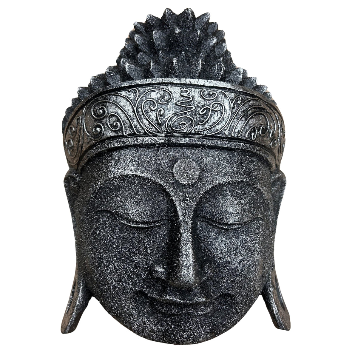 Hand-Carved Albasia Wood Buddha Head - Silver Shine, close front view with closed eyes, textured curls and an ornate headdress by Quintessential Holistic Health Ltd