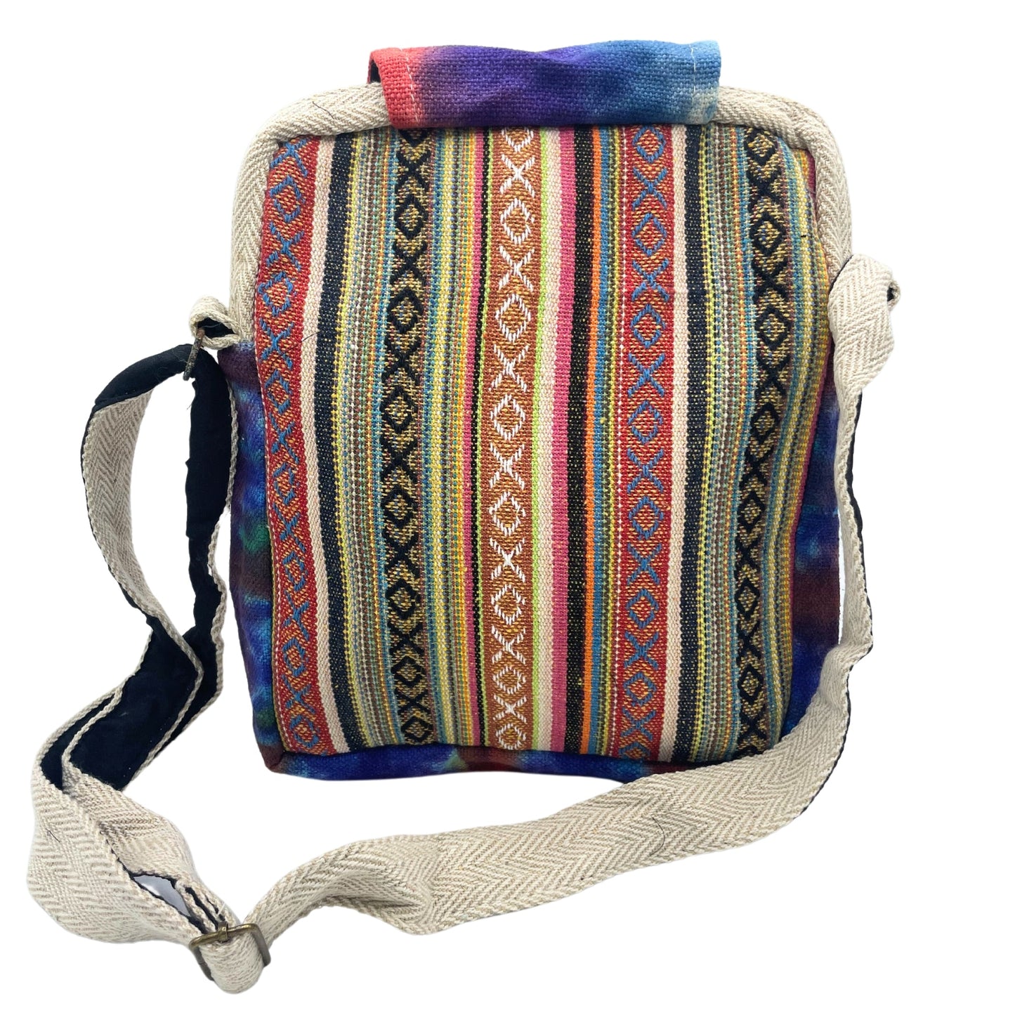 Eco-Friendly Hemp and Cotton Messenger Bag - 2 Zips and Flap / Tie Dyed product packaging on clean background from Quintessential Holistic Health Ltd