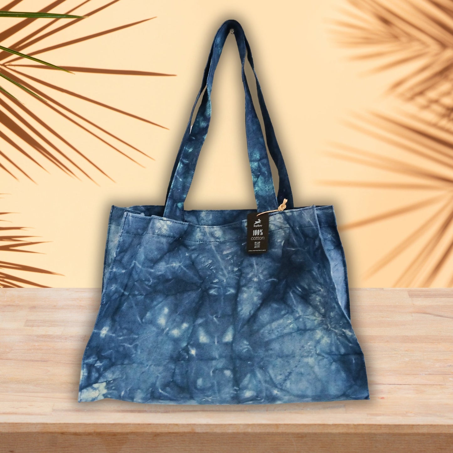 Handmade 100% Natural Cotton Handy Bag - Deep Sea Blue Stonewash, marbled navy rectangular bag with a small black tag, by Quintessential Holistic Health Ltd