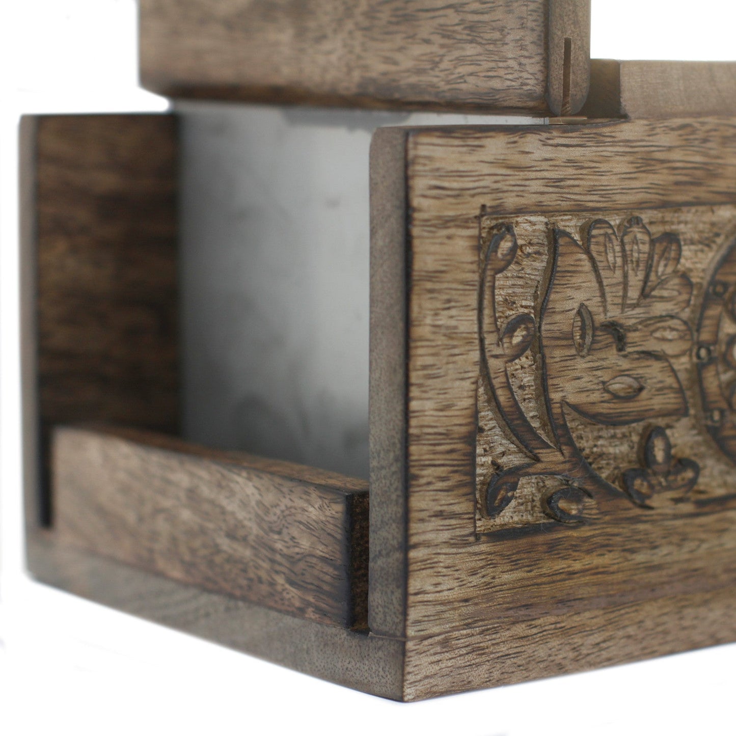 Antique-Style Mango Wood Soap Cutter, close-up of the metal blade, wooden frame and carved floral side panel, by Quintessential Holistic Health Ltd
