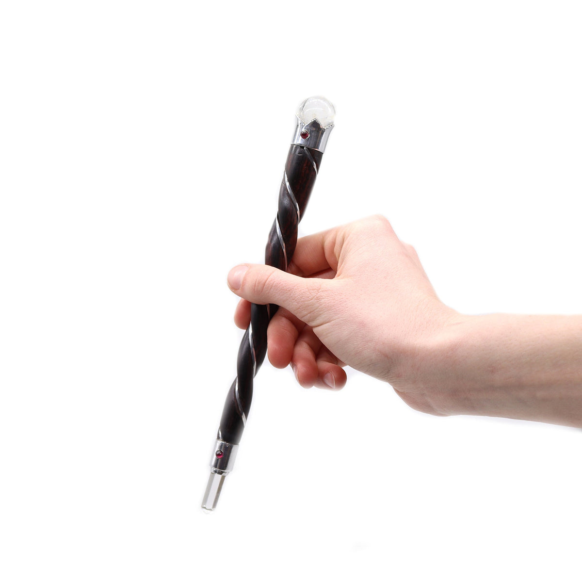 Handmade Twisted Teak Wooden Healing Wand - Rock Quartz Gemstone held vertically in one hand by Quintessential Holistic Health Ltd