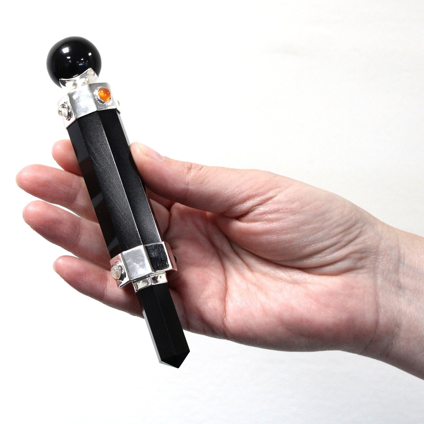 Handmade Hexagonal Healing Wand - Black Agate Gemstone product packaging on clean background from Quintessential Holistic Health Ltd