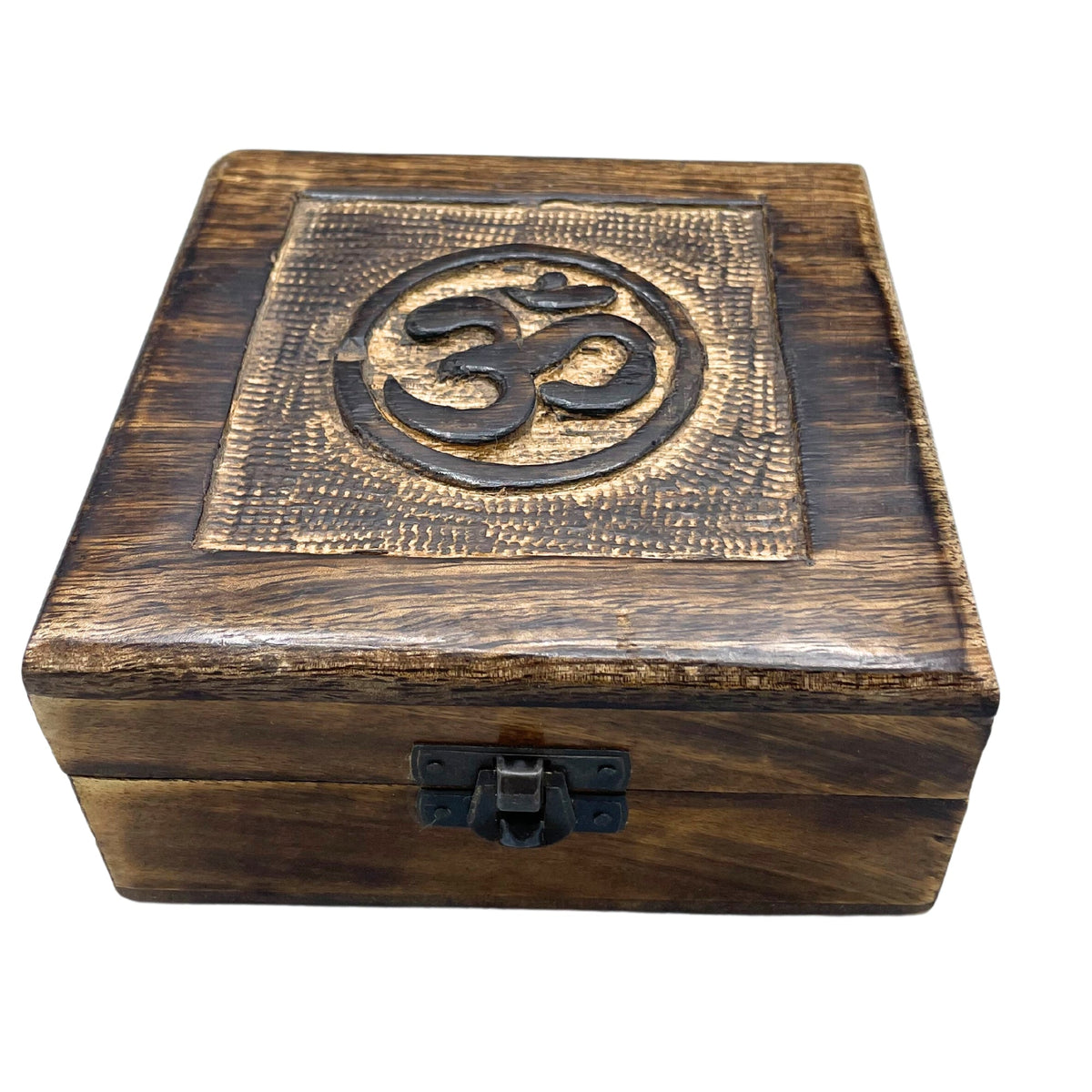 Hand-Carved Mango Wood Square Keepsake Box - 13cm - Om, with a raised Om symbol and textured square panel on the lid, by Quintessential Holistic Health Ltd