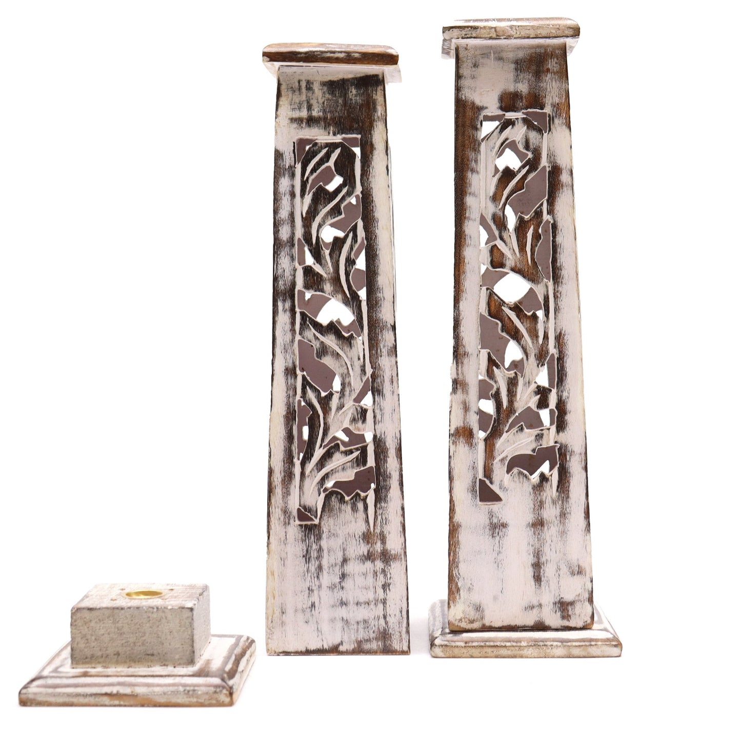 Mango Wood Tapered Incense Tower - Whitewash shown as two carved towers with a separate square base and lid by Quintessential Holistic Health Ltd