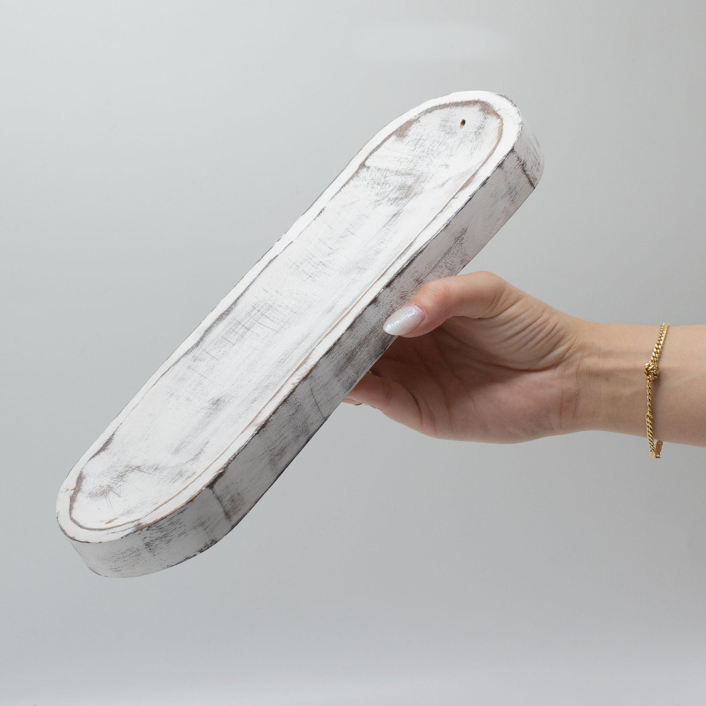 Mango Wood Dual Incense Tray - Classic Whitewash held upright to show its distressed pale finish and dark rim by Quintessential Holistic Health Ltd
