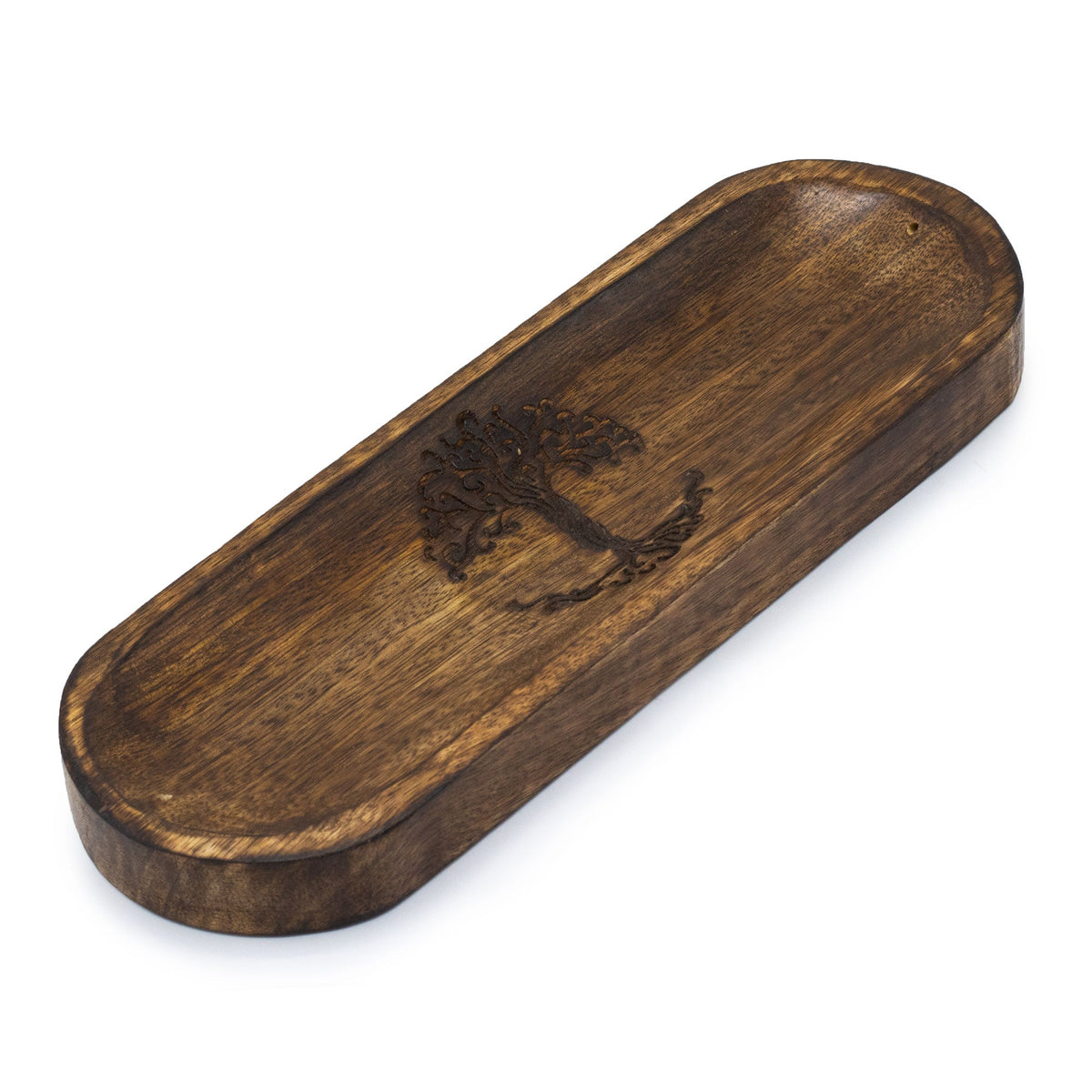 Mango Wood Dual Incense Tray - Tree of Life, showing a dark tree motif within the long recessed centre by Quintessential Holistic Health Ltd