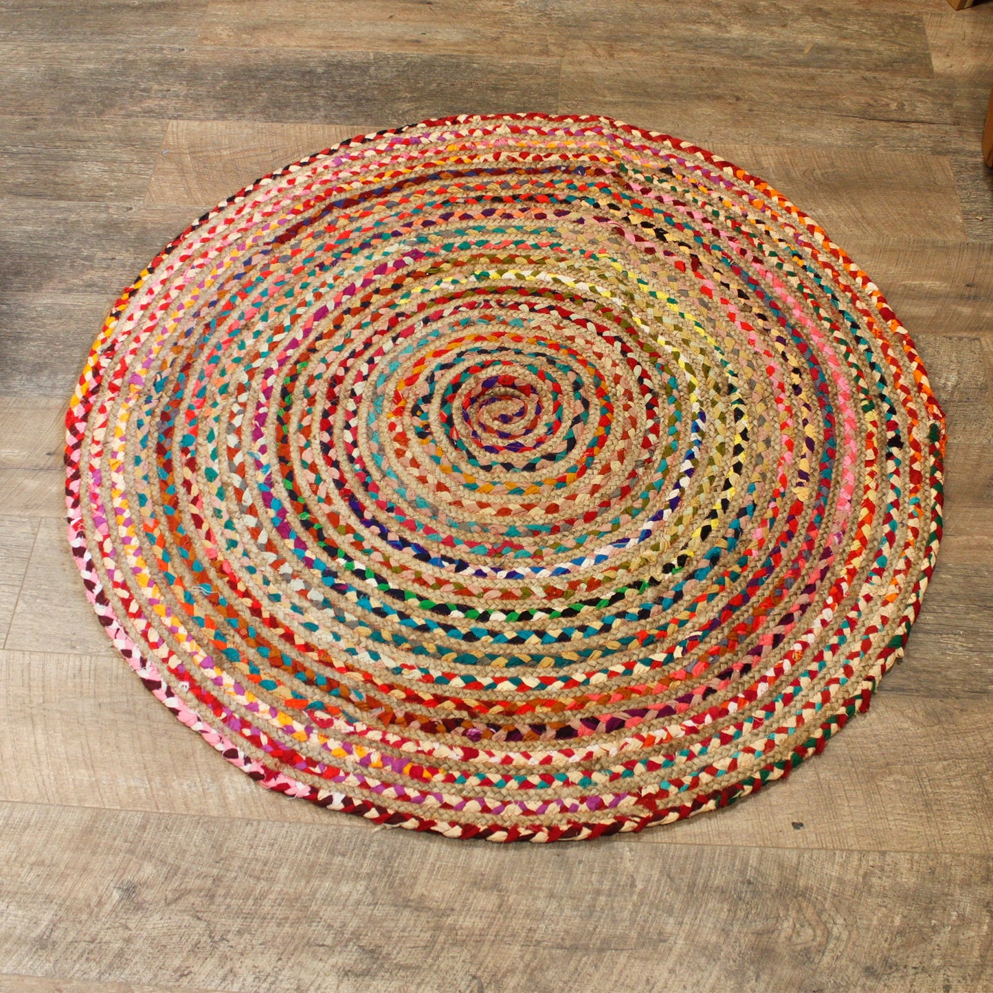 Handmade Round Jute and Recycled Cotton Rug - 120cm product packaging on clean background from Quintessential Holistic Health Ltd