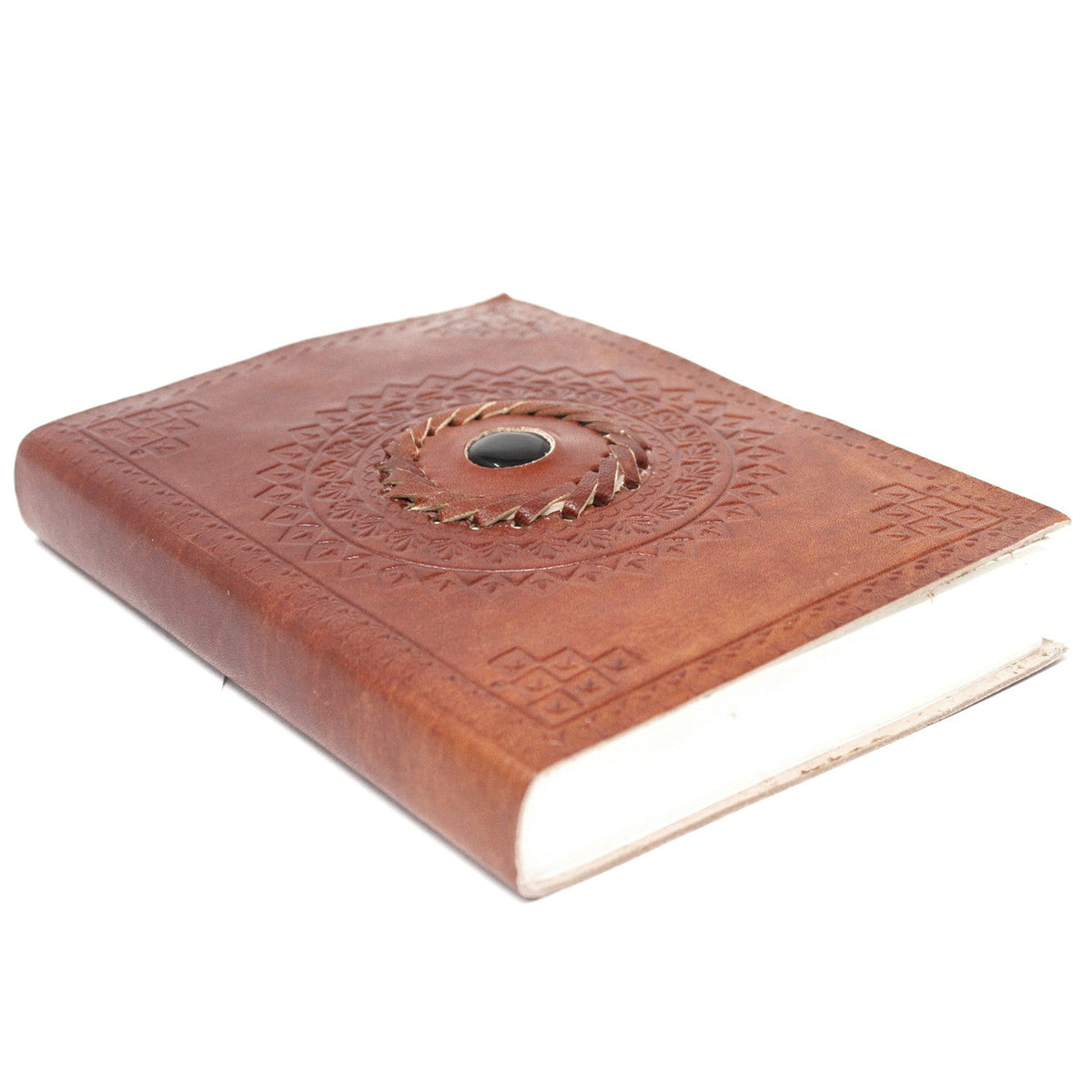 Leather-Bound Notebook - Medium Brown, Black Onyx, lying flat with an embossed radiating design, central dark stone and white pages by Quintessential Holistic Health Ltd