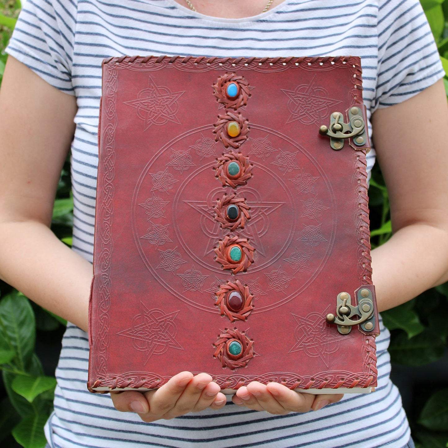 Handmade Leather-Bound Eco-Friendly Journal with Metal Clasp - Extra Large / Burgundy / Seven Chakra product packaging on clean background from Quintessential Holistic Health Ltd