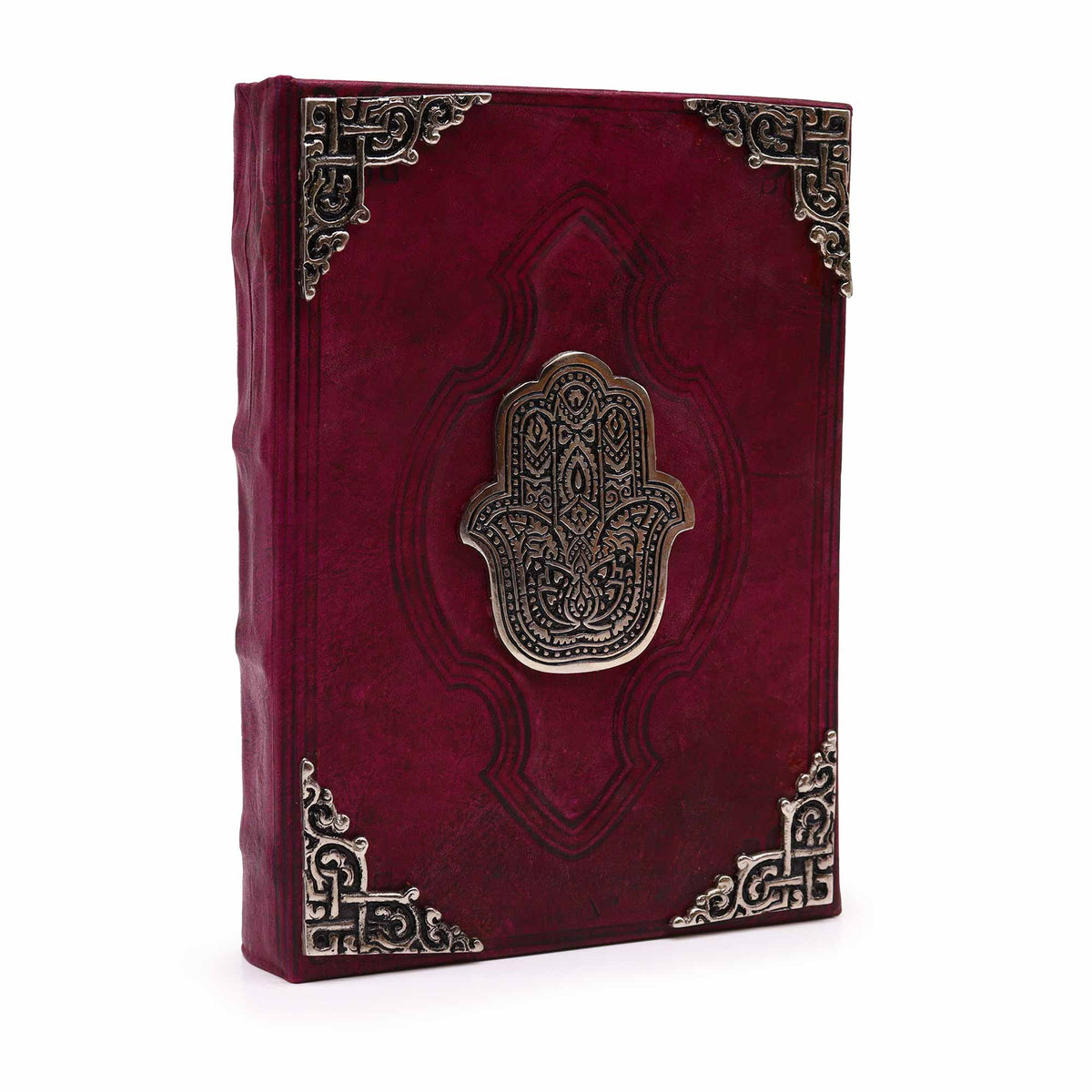 Extra-Large Burgundy Leather Deckle-Edged Journal - Zinc Hamsa, standing upright with central Hamsa emblem and ornate corners by Quintessential Holistic Health Ltd