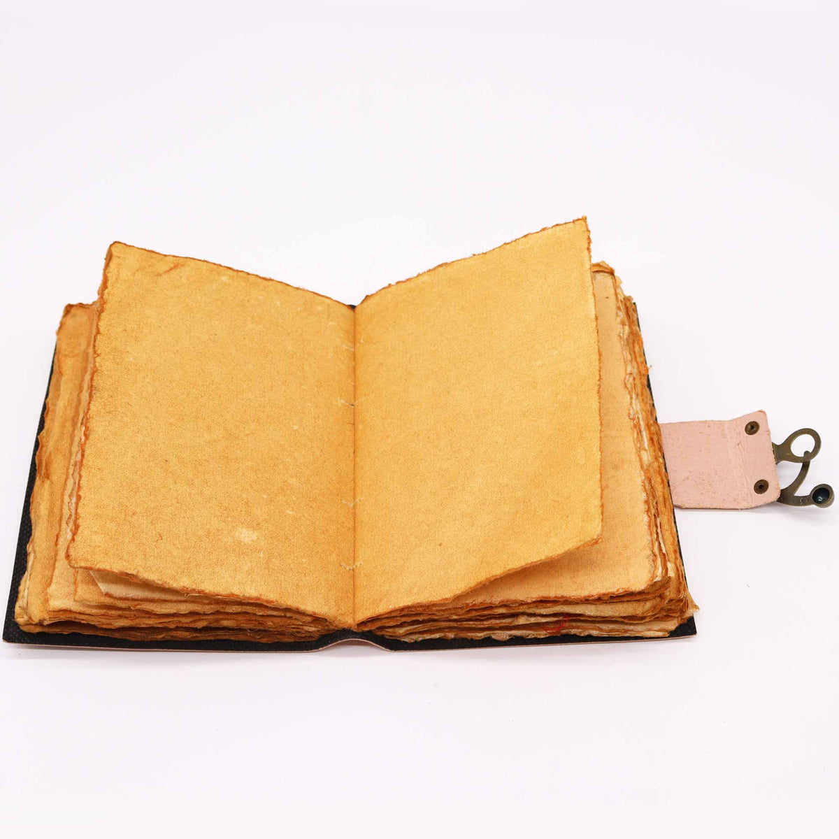 Leather Notebook – Medium Multicolour Seven Chakras, Deckle Edge, open to rough-edged tan pages with the metal clasp extended by Quintessential Holistic Health Ltd