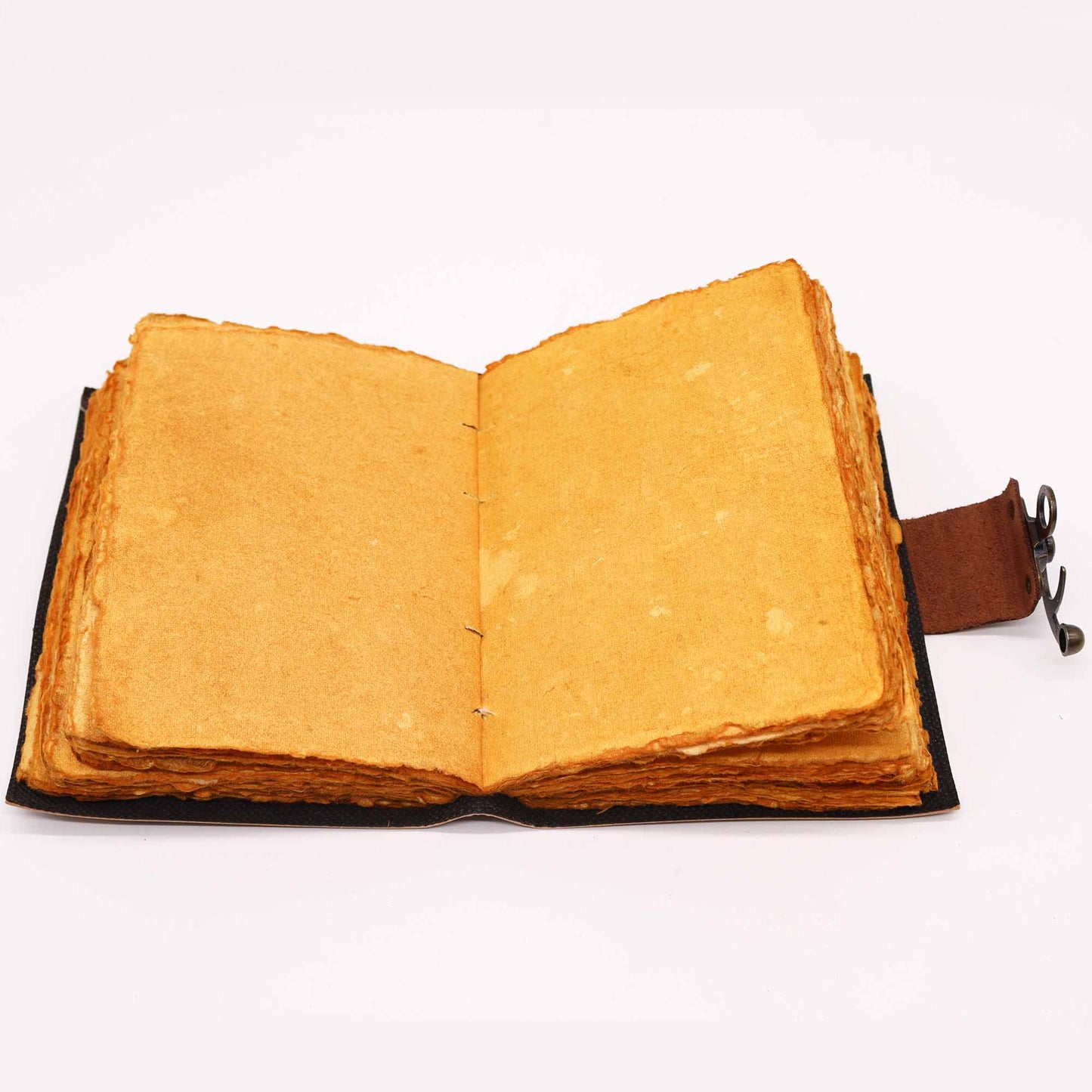 Leather Notebook - Medium Brown Lotus Mandala, Deckle Edge, open to textured golden-brown pages with clasp visible by Quintessential Holistic Health Ltd
