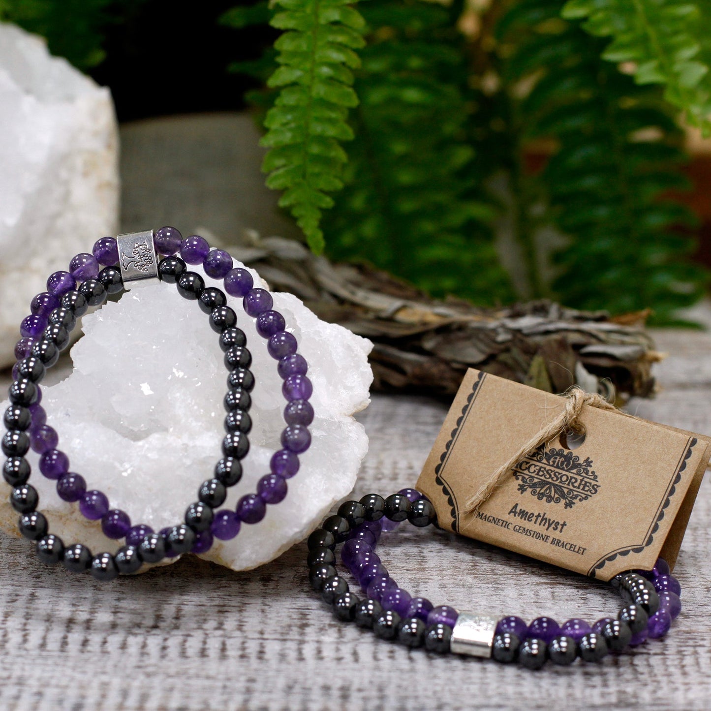 Handcrafted Gemstone Magnetic Bracelet - Amethyst / Protection and Healing product packaging on clean background from Quintessential Holistic Health Ltd