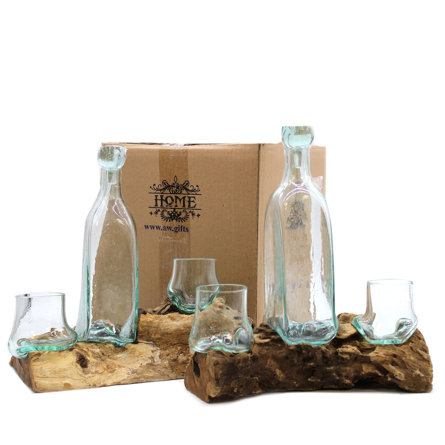500ml Handmade Molten Recycled Glass Spirit Decanter Set on Wood - Clear / Light Blue product packaging on clean background from Quintessential Holistic Health Ltd