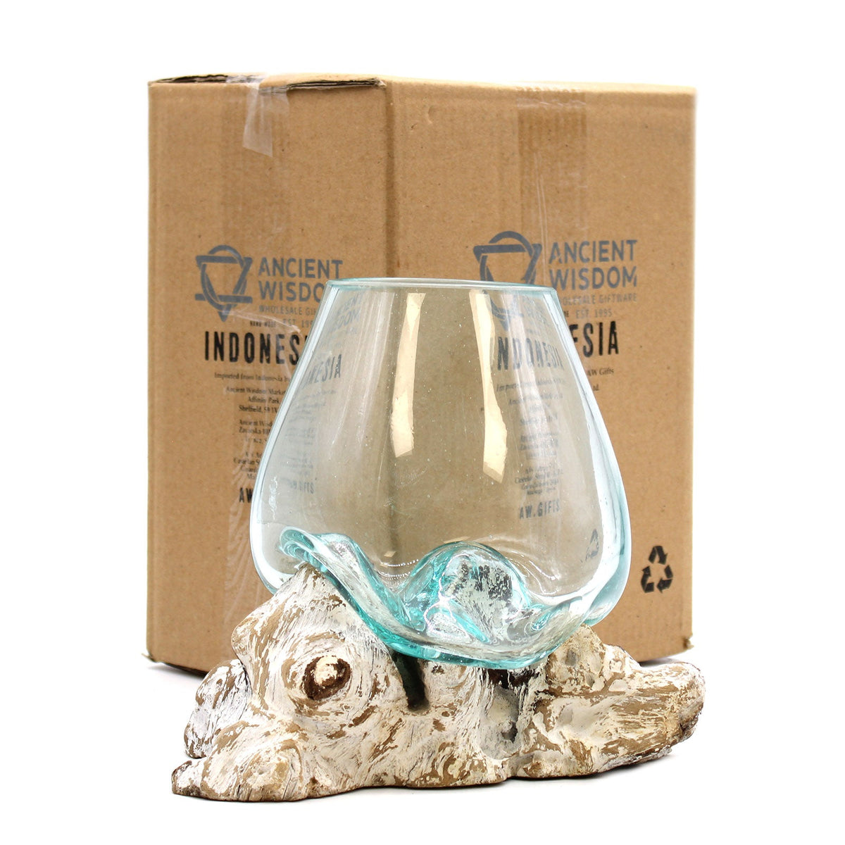 Recycled Glass Vase - Large Oval - Clear/Blue - Whitewash, with a rounded bowl displayed beside a branded cardboard box by Quintessential Holistic Health Ltd