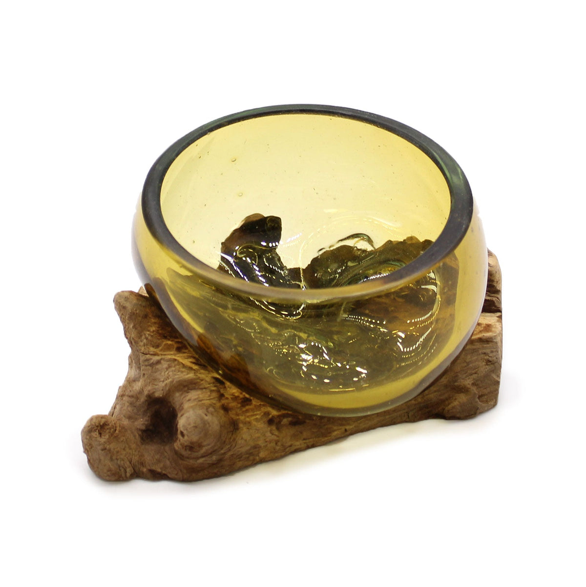 Recycled Glass Vase on Wood - Clear Round Amber with a golden bowl seated on a broad rugged wood base by Quintessential Holistic Health Ltd