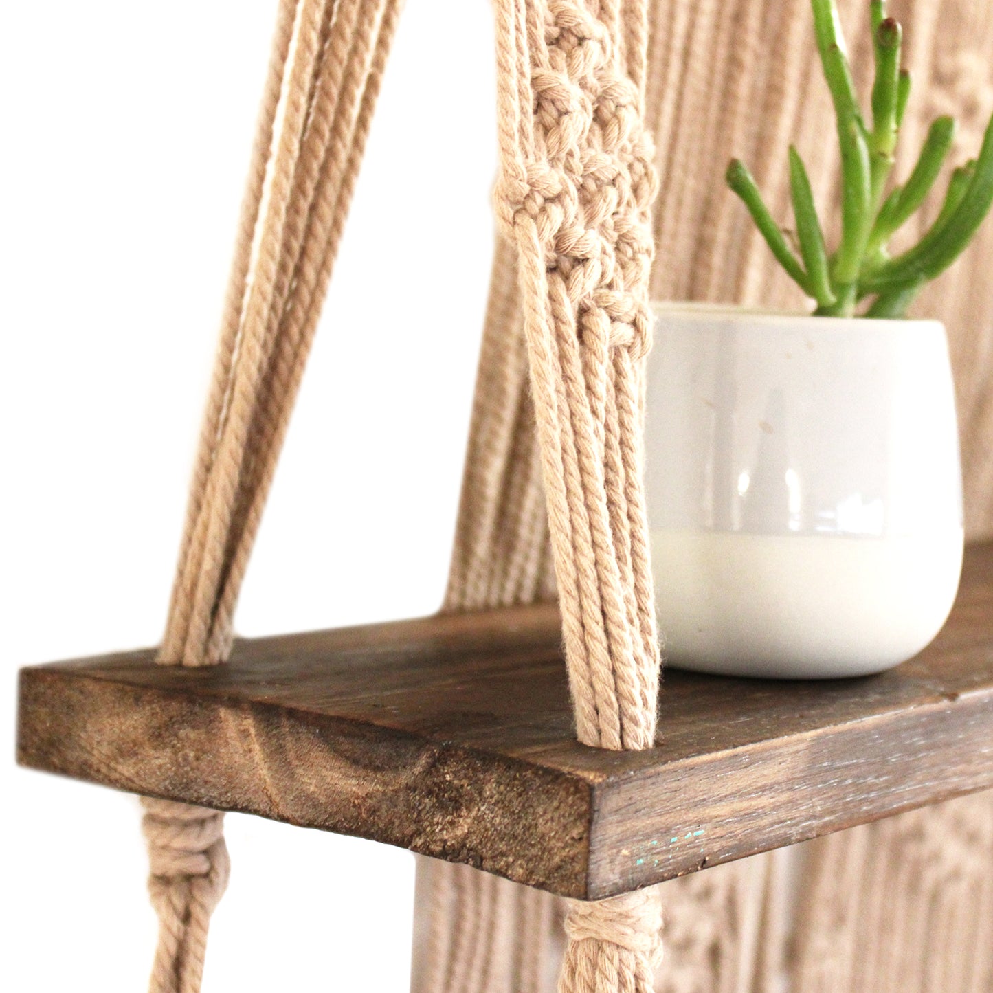 Handmade Eco-Friendly Macrame Cotton and Wooden Hanging Shelves - Brown