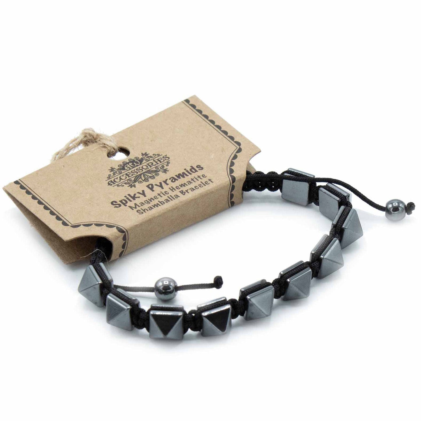 Unisex Magnetic Hematite Shamballa Bracelet - Spiky Pyramids product packaging on clean background from Quintessential Holistic Health Ltd