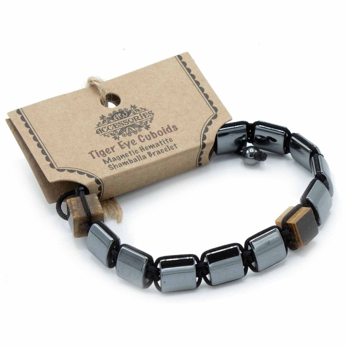 Unisex Magnetic Hematite Shamballa Bracelet - Tigers Eye Cuboids product packaging on clean background from Quintessential Holistic Health Ltd