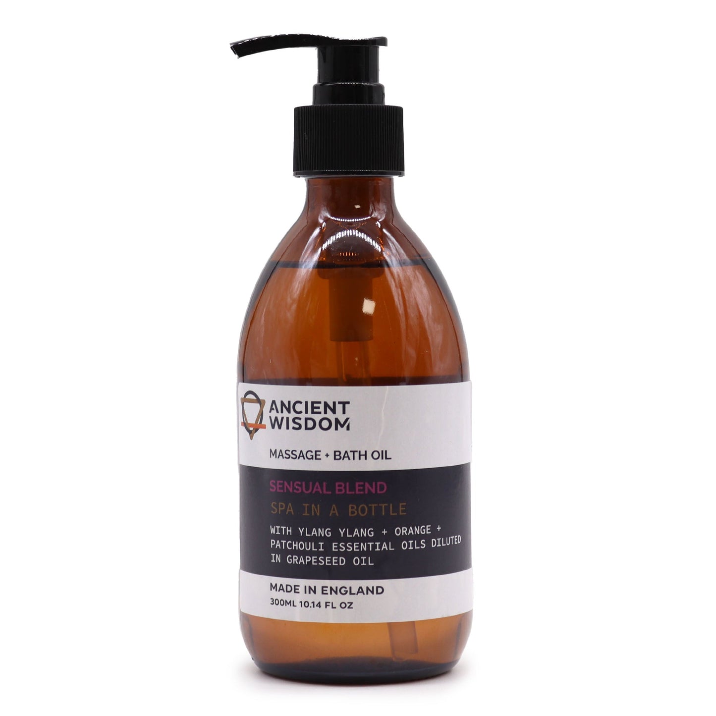 Aromatherapy Massage and Bath Oil with Pump - Sensual - 300ml, amber bottle with a black pump and white label by Quintessential Holistic Health Ltd