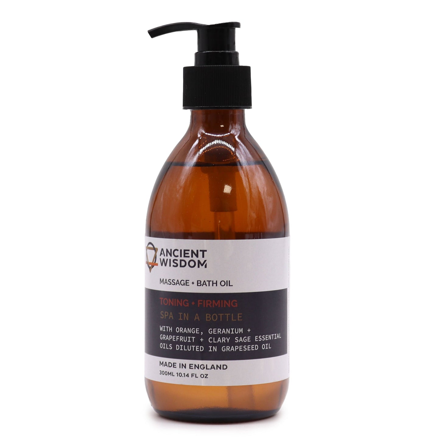 Toning & Firming 300ml Aromatherapy Massage & Bath Oil with Pump shown as an upright amber bottle with a white label by Quintessential Holistic Health Ltd