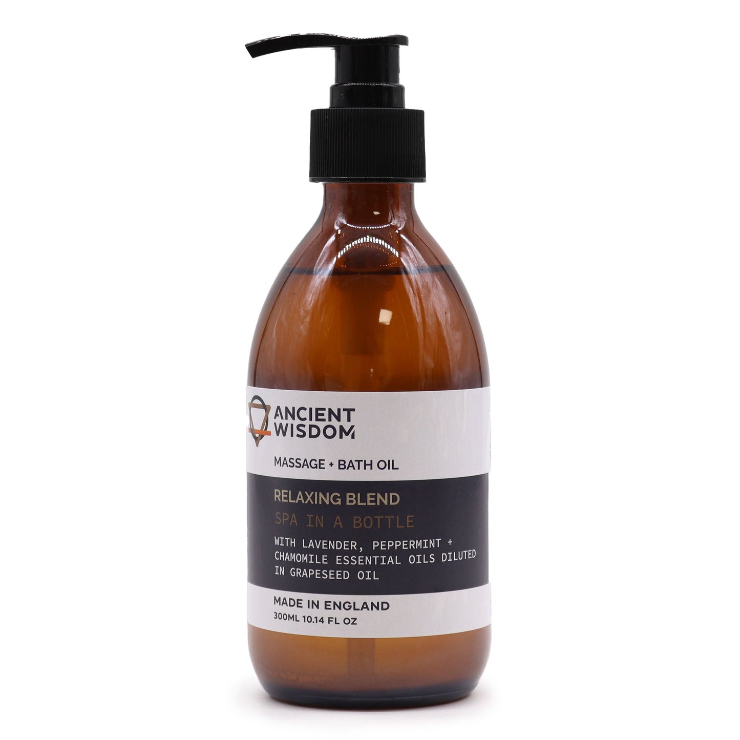 Aromatherapy Massage and Bath Oil with Pump - Relaxing - 300ml, amber bottle with a black pump and white label by Quintessential Holistic Health Ltd