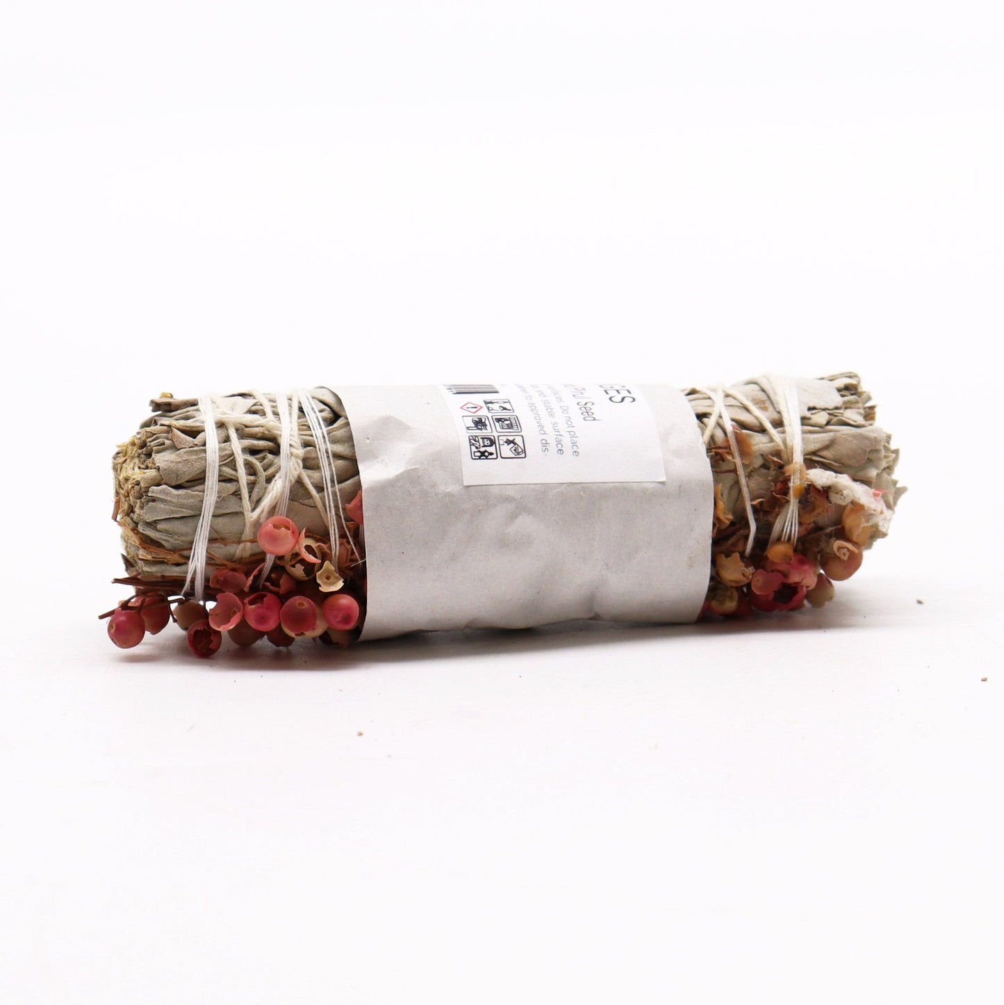 10cm Handcrafted Incense Smudge Stick - White Sage and Pirul Seed product packaging on clean background from Quintessential Holistic Health Ltd