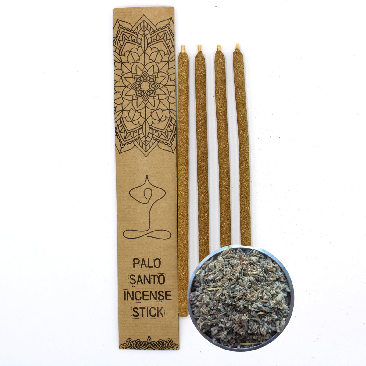 Eco-Friendly Palo Santo Incense Sticks - Wiracoa, Large 4 Pack, with four sticks and a round dish of dried leaves by Quintessential Holistic Health Ltd