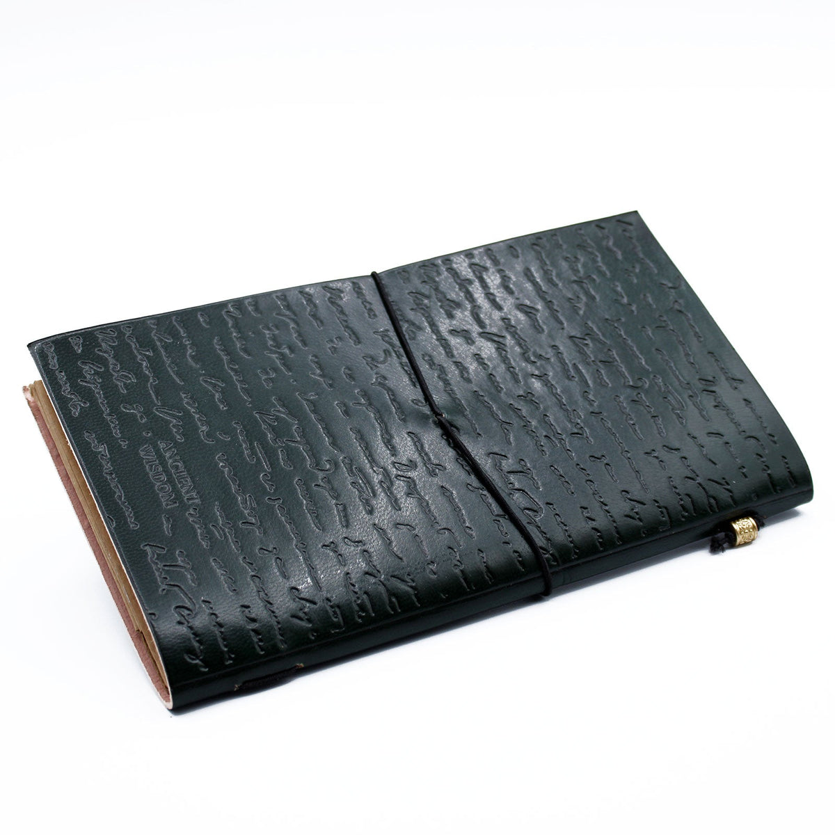 Handmade Slim Leather Journal - Green - If a Story Is in You, with embossed handwritten-style lines and black elastic closure, by Quintessential Holistic Health Ltd