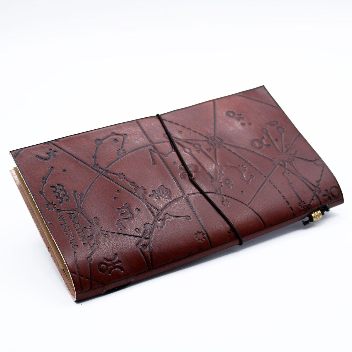 Handmade Slim Leather Journal - Brown - My Bucket List Book, with embossed map and travel motifs and black elastic closure, by Quintessential Holistic Health Ltd