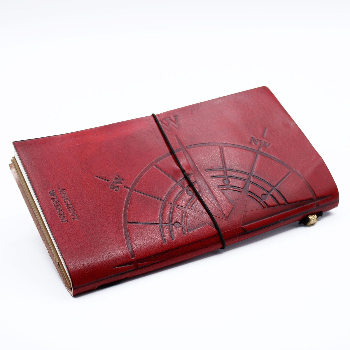 Handmade Slim Leather Journal - Red - Little Book of Big Plans, with large embossed circular line artwork and black elastic closure, by Quintessential Holistic Health Ltd