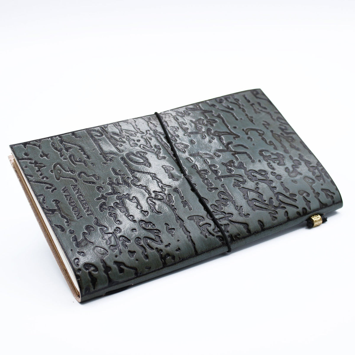 Handmade Slim Leather Journal - Grey - Important Things to Do, with embossed flowing script patterns and black elastic closure, by Quintessential Holistic Health Ltd