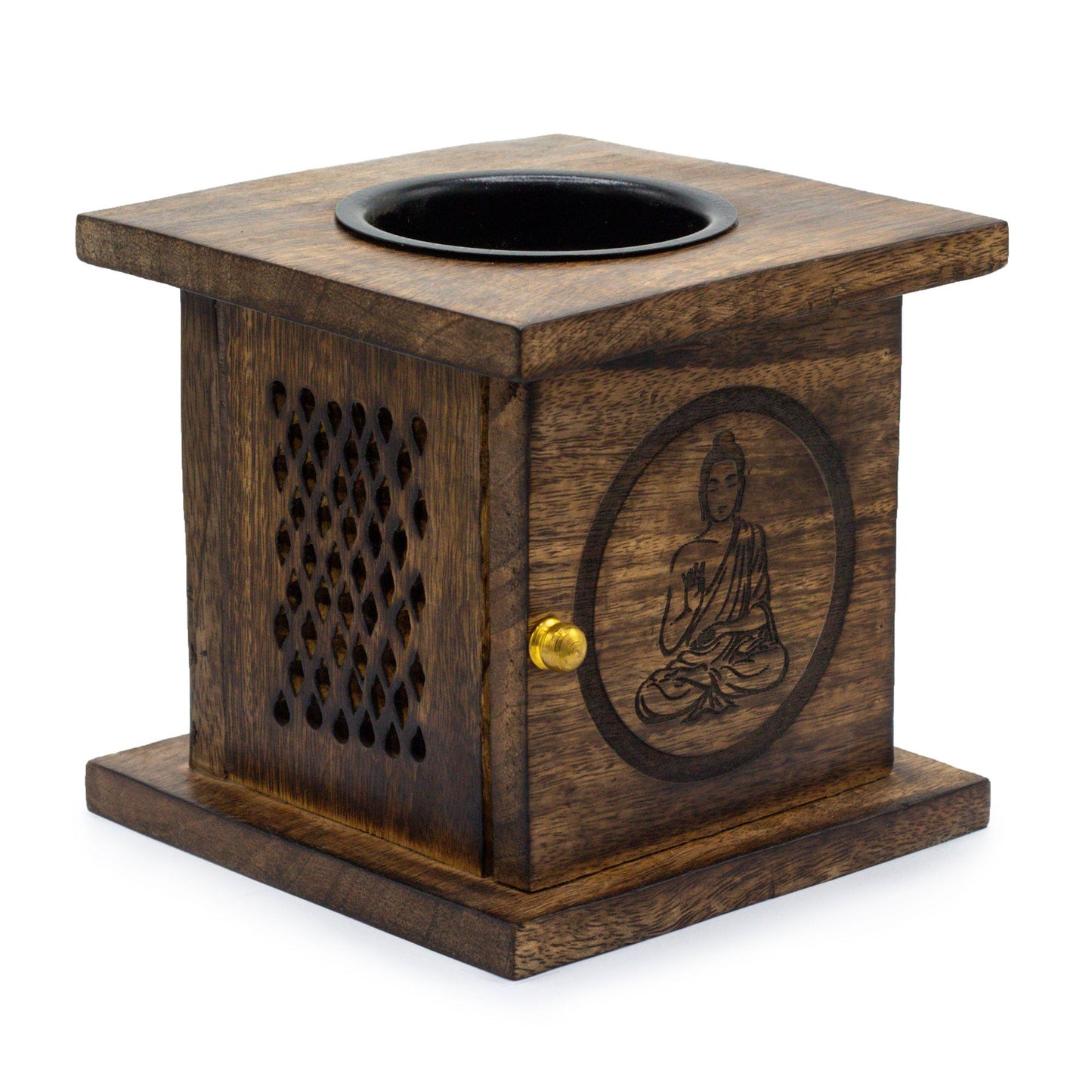Eco-Friendly Mango Wooden Box Oil or Tea Light Burner - Buddha product packaging on clean background from Quintessential Holistic Health Ltd