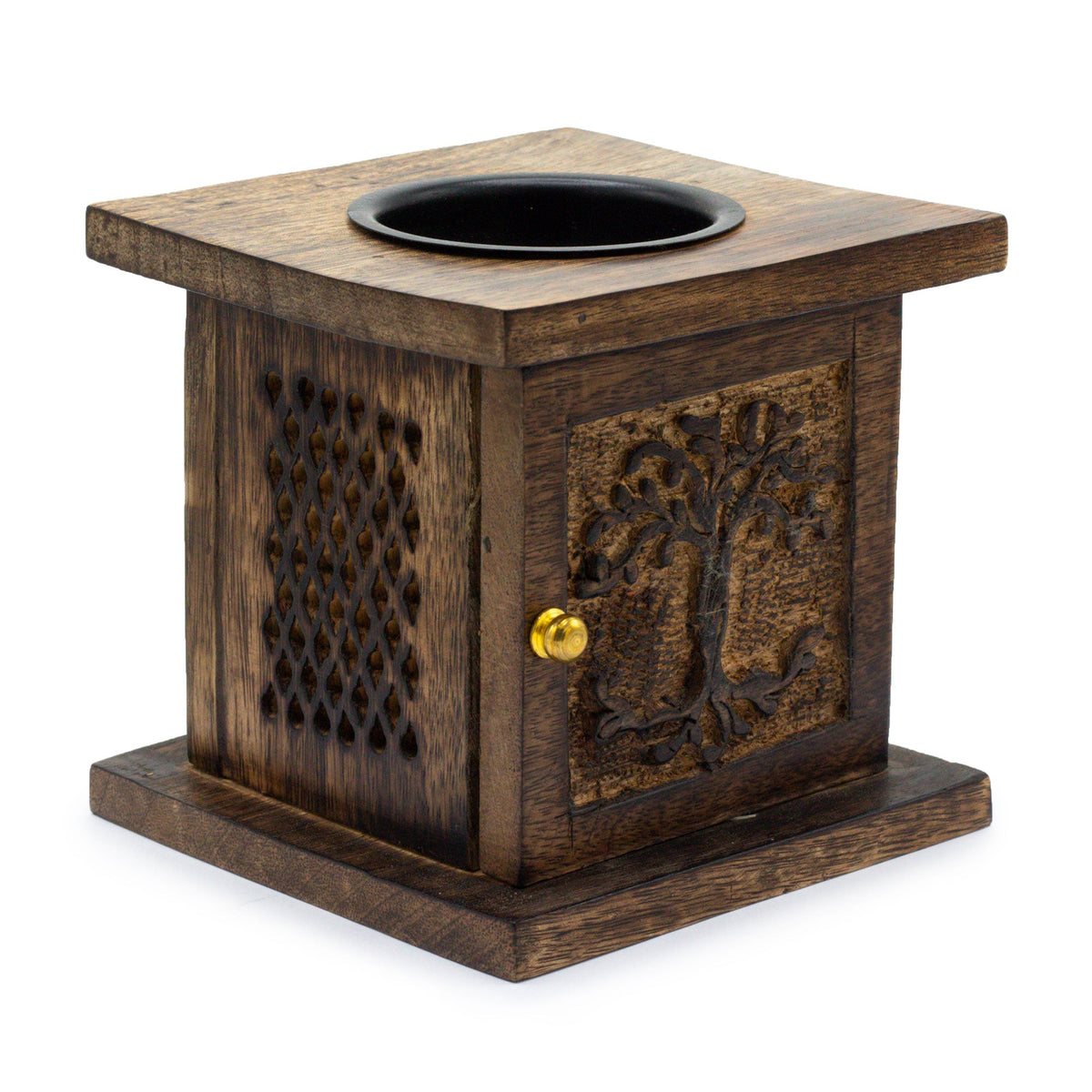 Eco-Friendly Mango Wood Box Oil or Tealight Burner - Tree of Life, with carved tree panel, lattice side and square top dish by Quintessential Holistic Health Ltd