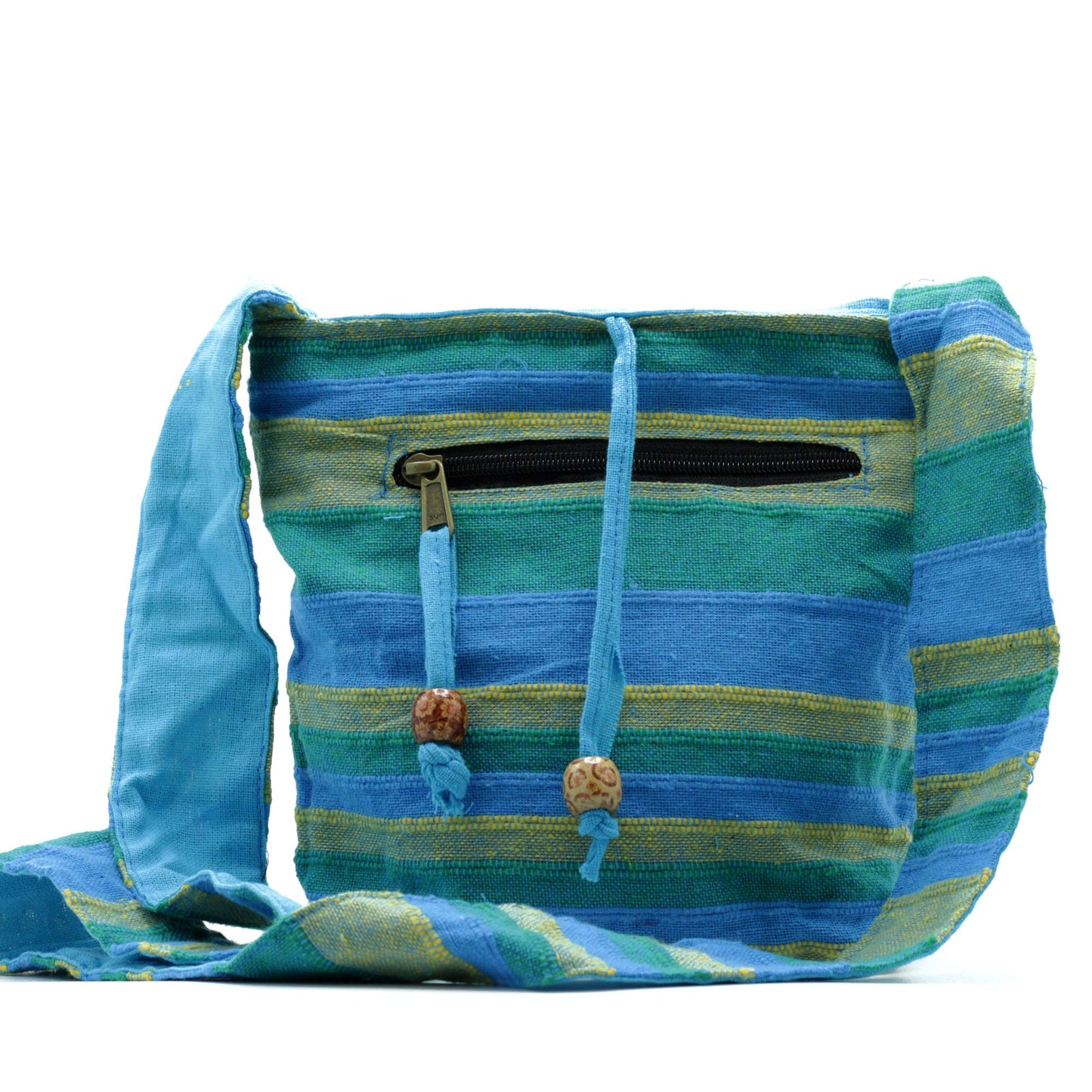 Handmade Eco-Friendly Cotton Nepalese Style Sling Bag - Medium / Spring Meadows Green and Blue product packaging on clean background from Quintessential Holistic Health Ltd