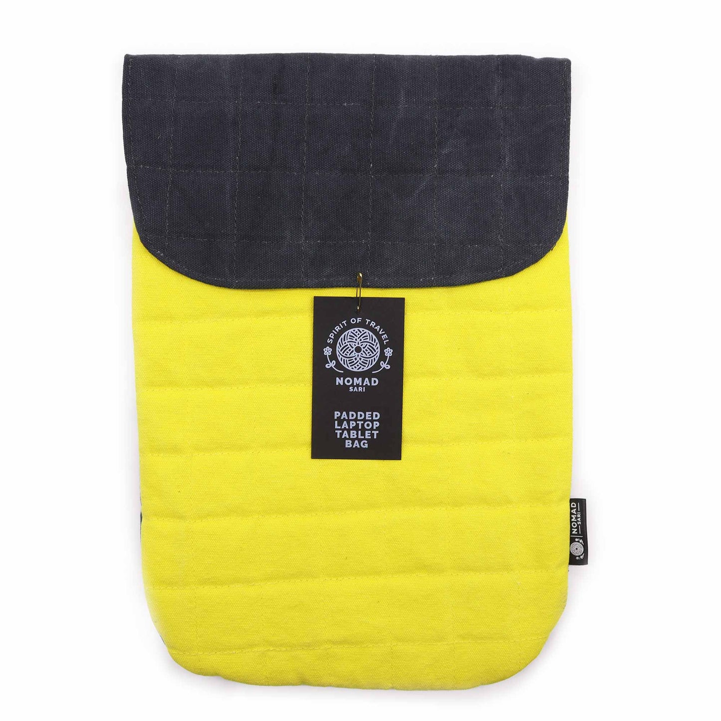 Handmade Cotton Laptop or Tablet Padded Pouch - Stonewashed / Crazy Yellow product packaging on clean background from Quintessential Holistic Health Ltd