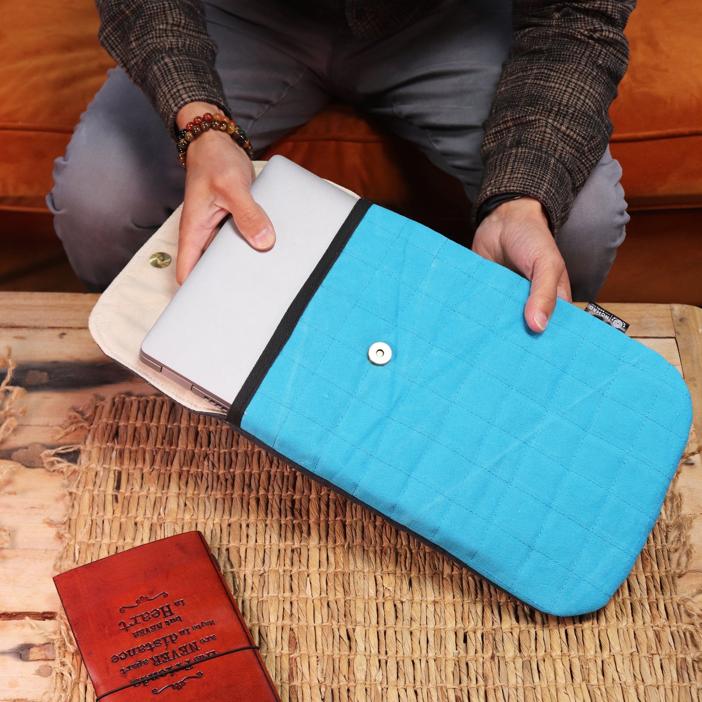 Handmade Cotton Laptop or Tablet Padded Pouch - Stonewashed / Terrific Turquoise product packaging on clean background from Quintessential Holistic Health Ltd