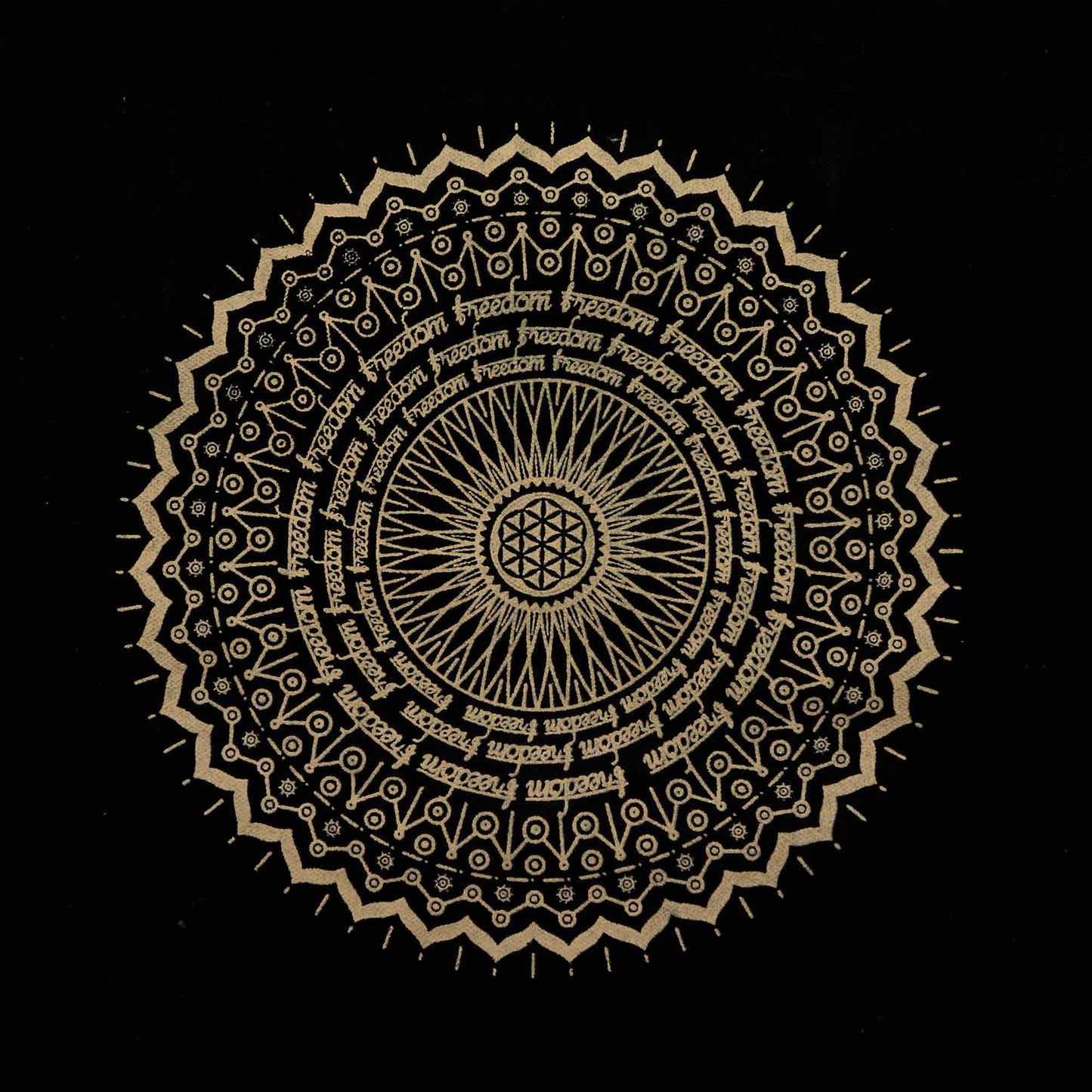 XL Stonewashed Chocolate/Gold Cotton Tote Bag - Freedom Mandala showing an intricate gold circular design on black fabric by Quintessential Holistic Health Ltd