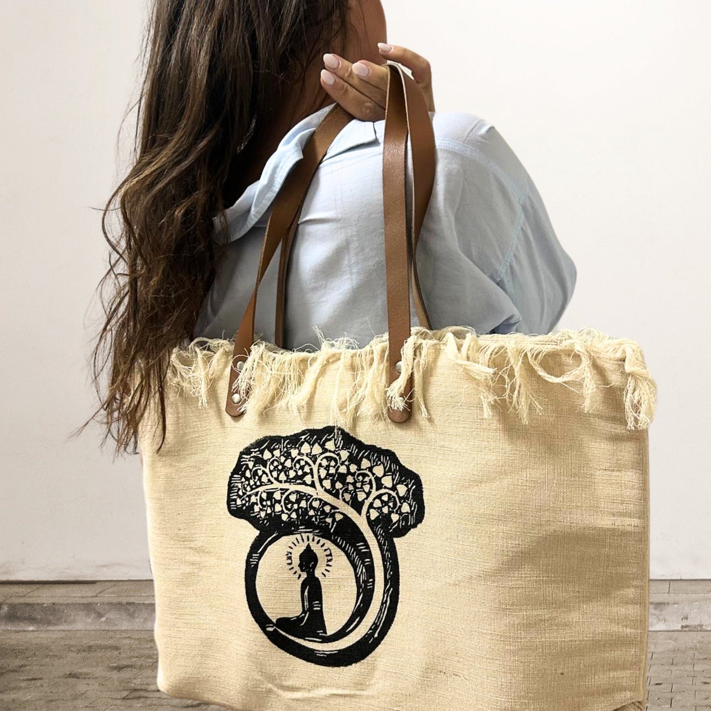 Natural Cotton Tote Bag with Leather Handles - Buddha carried at the shoulder with a black Buddha motif and gathered top by Quintessential Holistic Health Ltd