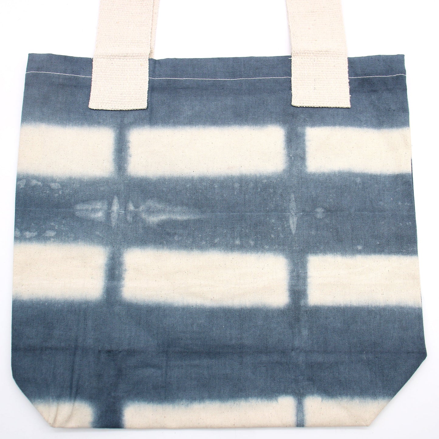 Natural Cotton Tie-Dyed Bag – Grey Blocks, Natural Handle with two rows of white rectangular patterns by Quintessential Holistic Health Ltd